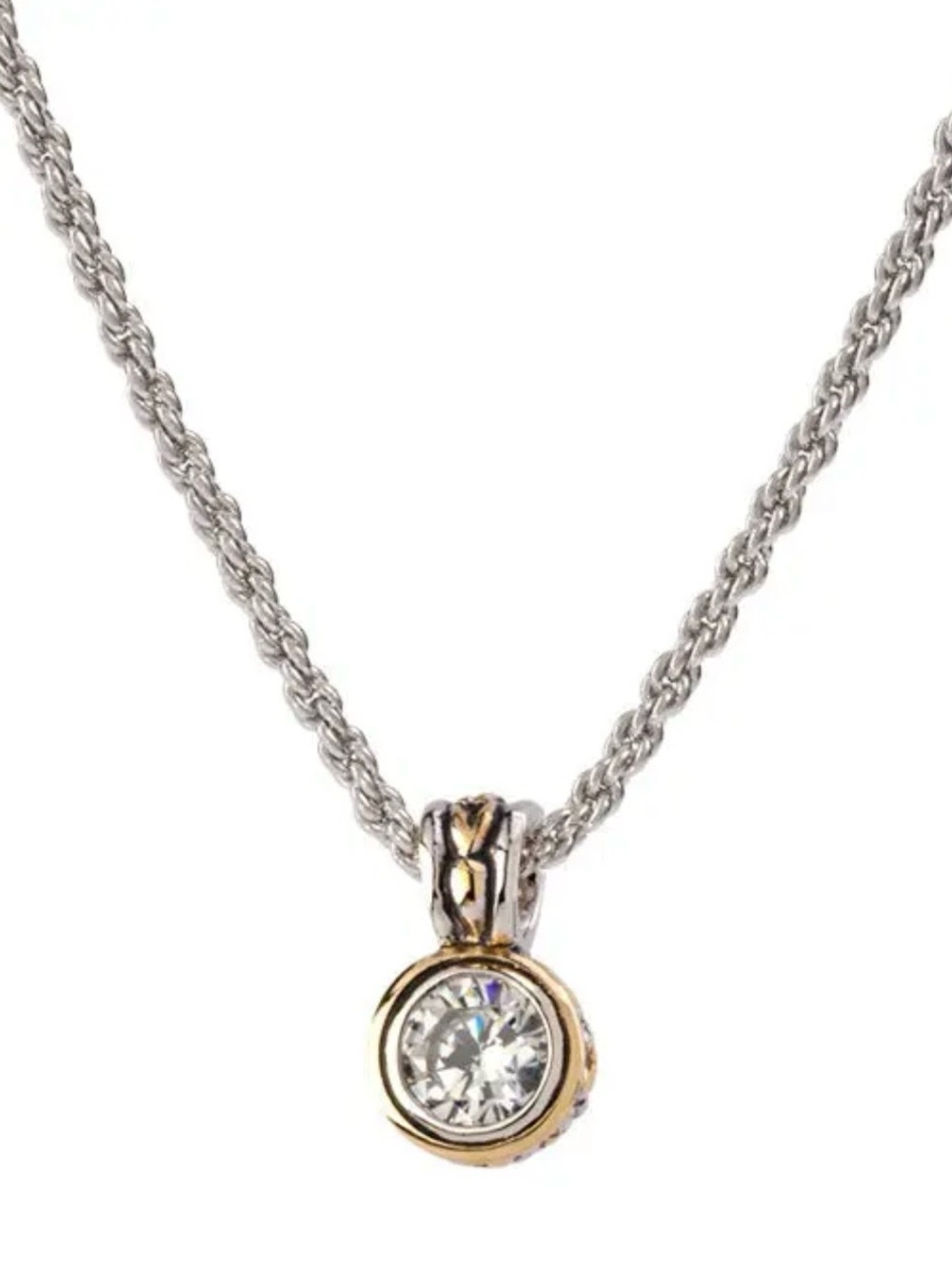 John Madeira’s Two-Tone CZ Bezel Pendant Necklace silver and gold minimalist